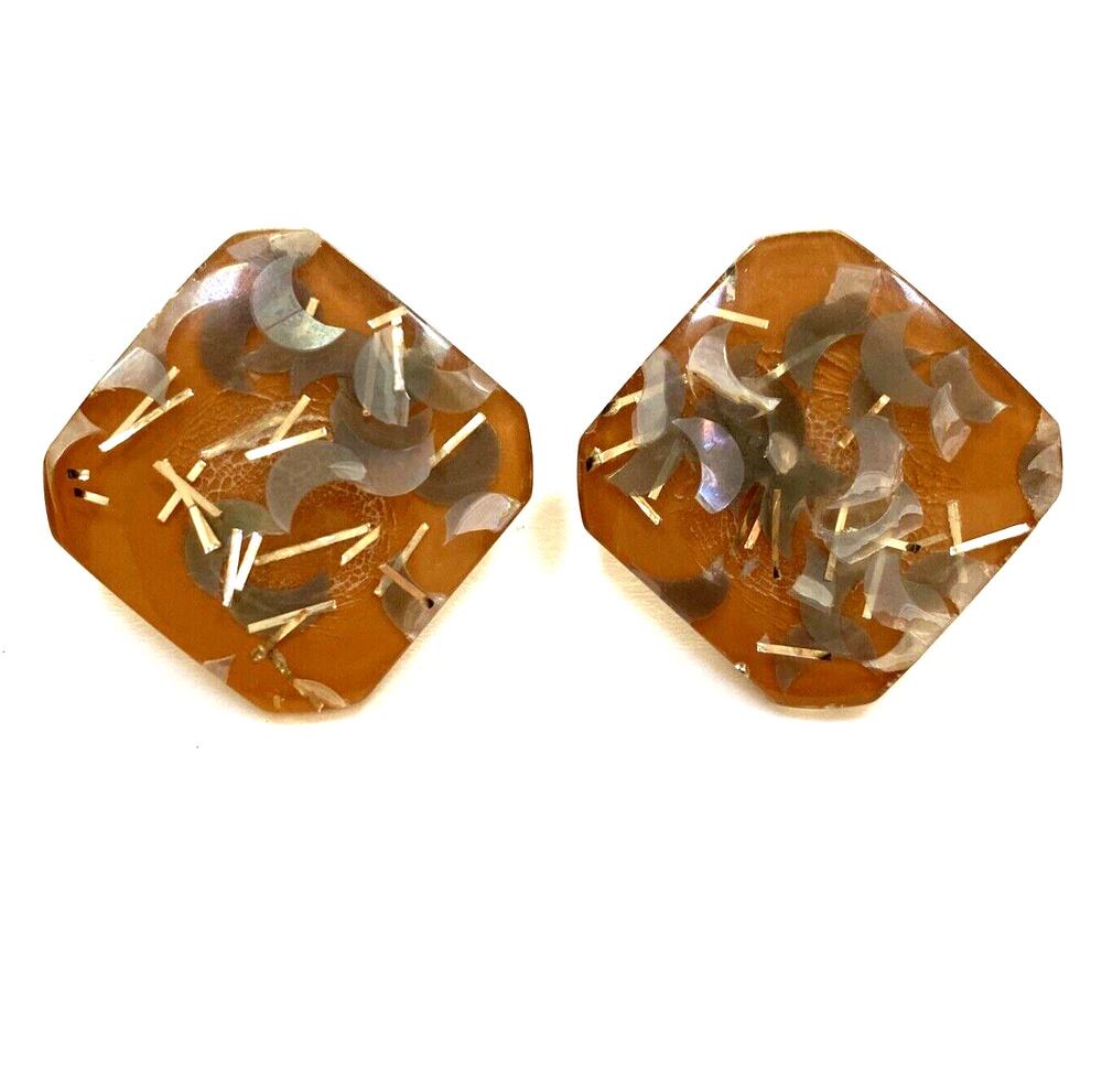 Vintage clip on earrings milk chocolate Lucite with gray & silver confetti look